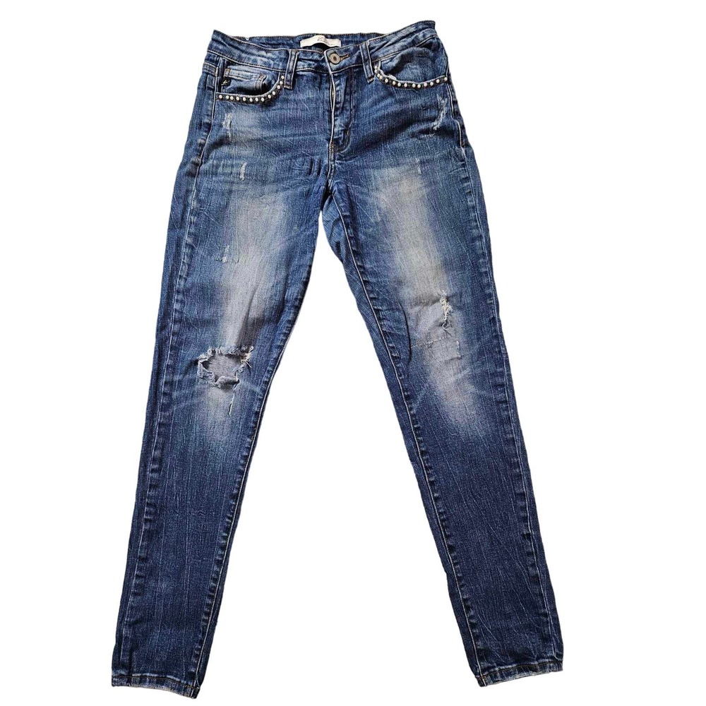 Kancan Skinny Distressed Mid-Rise with Pearls Jeans